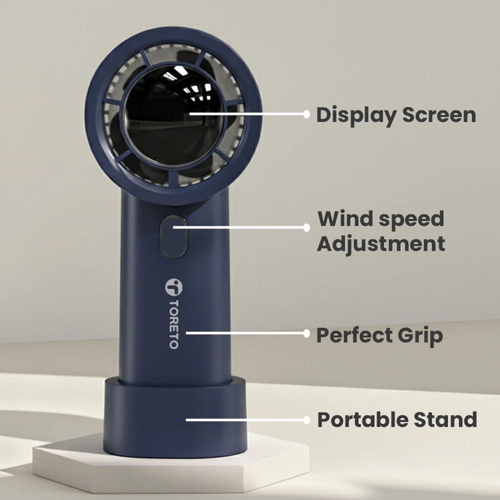 Toreto Breeze Portable hand fan with powerful and efficient blades, adjustable wind speed, display screen, turbo drive performance, Type-C charging support, and travel-friendly design - Image 4