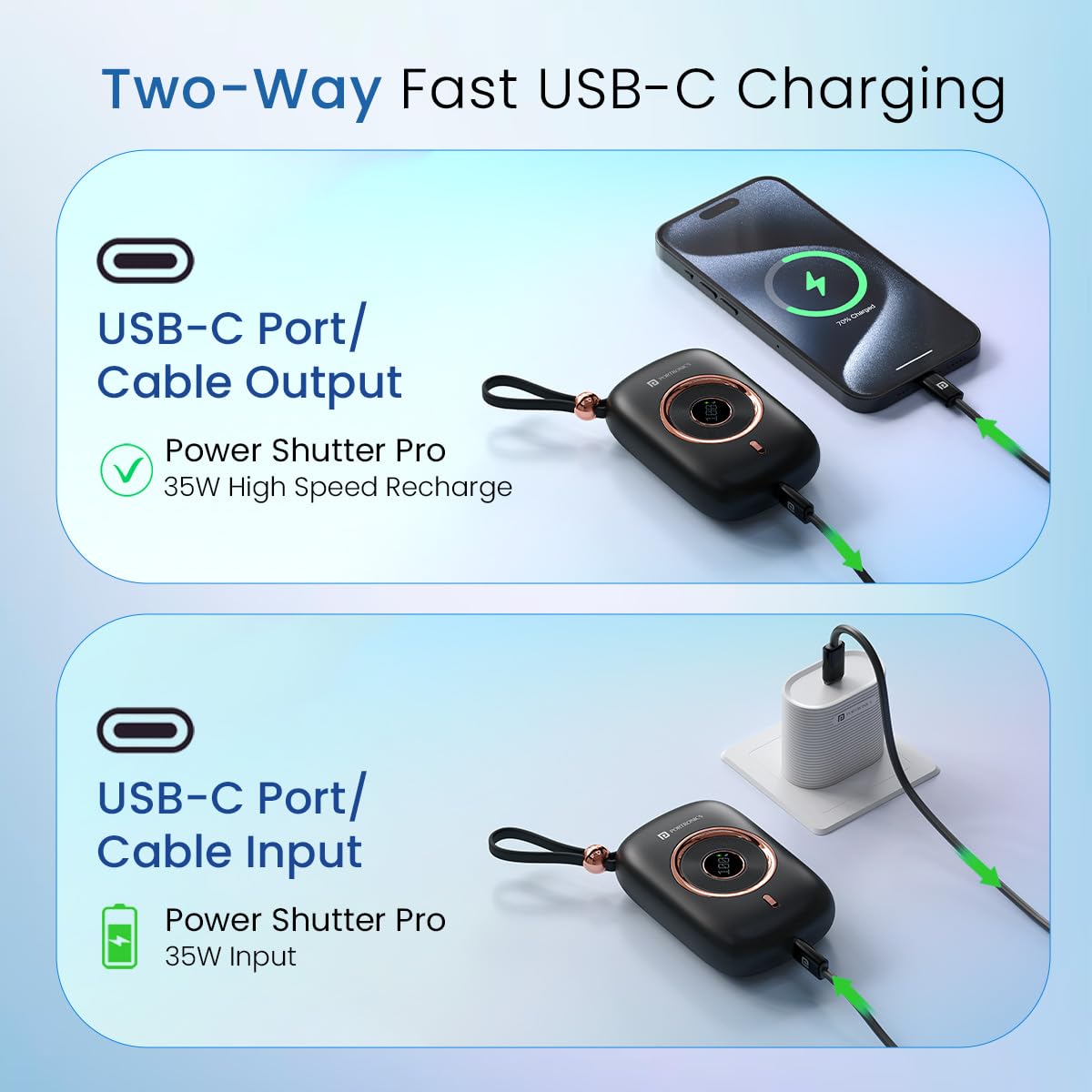 Portronics POR2266 Power Shutter Pro 35W 10000mAh SuperFast Charging Wired Powerbank with in-Built Type C PD Cable, Type C Input/Output Cable,LED Display,EV Grade Batteries,Support with Android, Apple,Tablet - Image 5