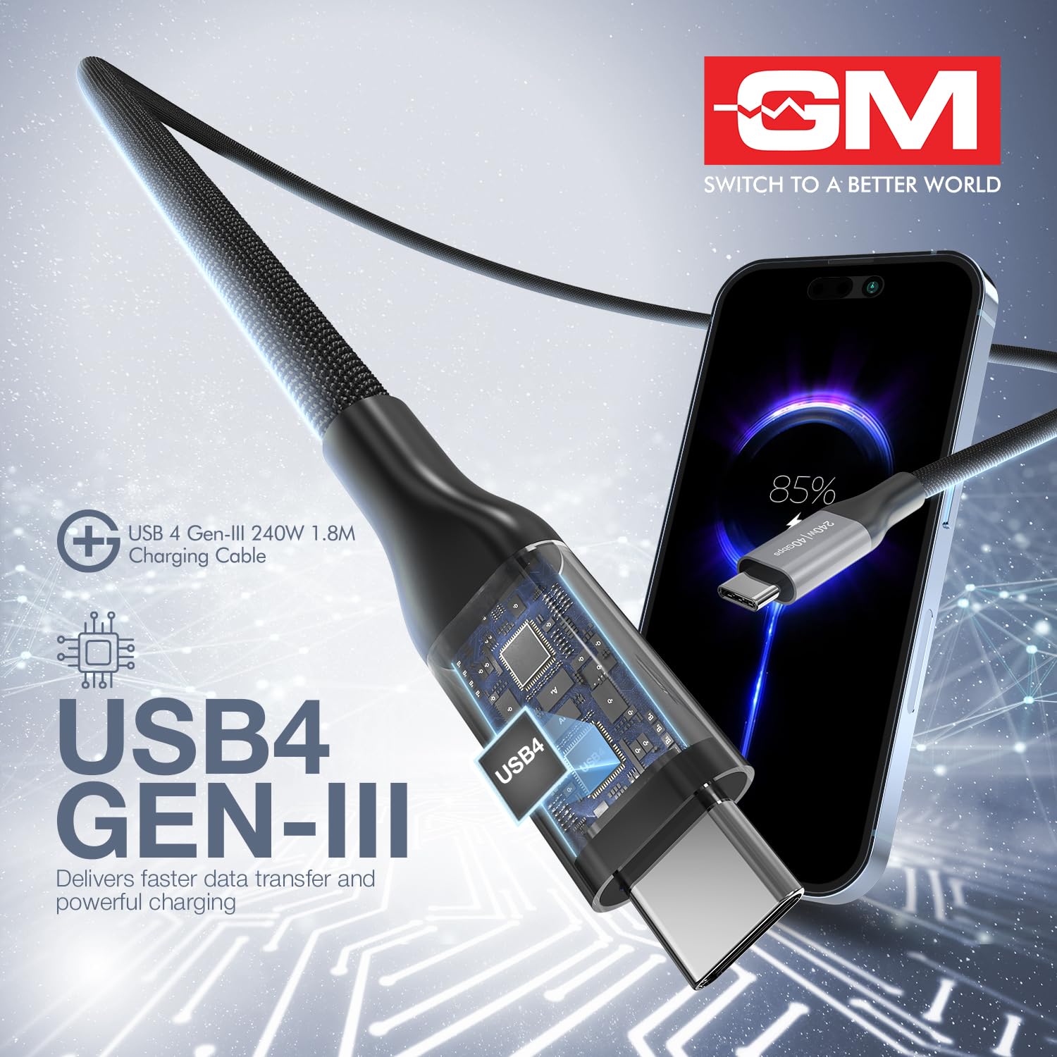 GM G+ USB 4 Gen-III 240W Type-C to Type-C Cable (1.8M) | 40Gbps Data Transfer | 8K Display Support | PD 3.1 Fast Charging | Nylon Braided,Tangle-Free,Durable Cable for Laptops,Tablets & Smartphones - Image 7