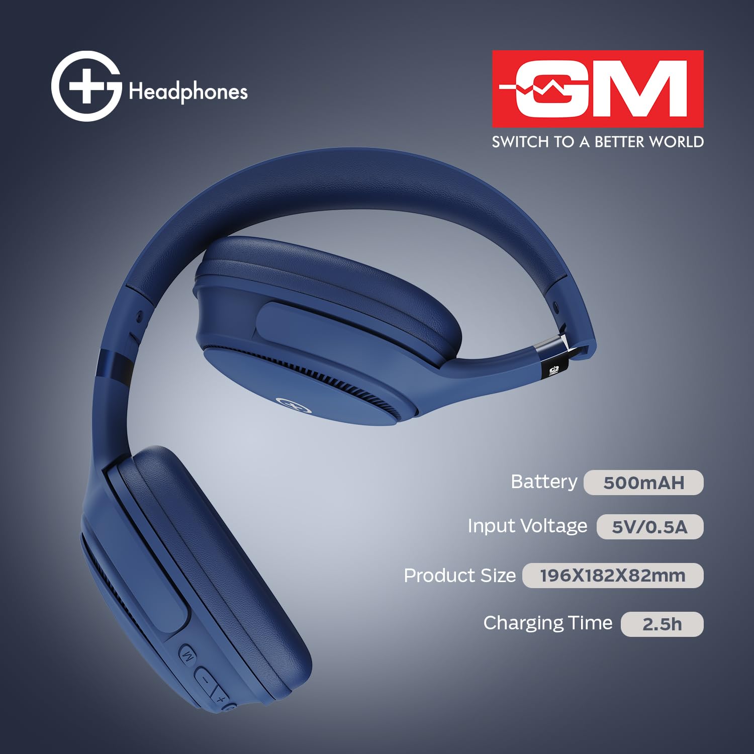 GM G+ Headphones, Over The Ear Headphones with Mic, BT 5.3, Pure Bass, 45ms Low Latency, Dual Pairing, 4 Play Modes (FM, Radio, SD Aux) 55H Blue - Image 4