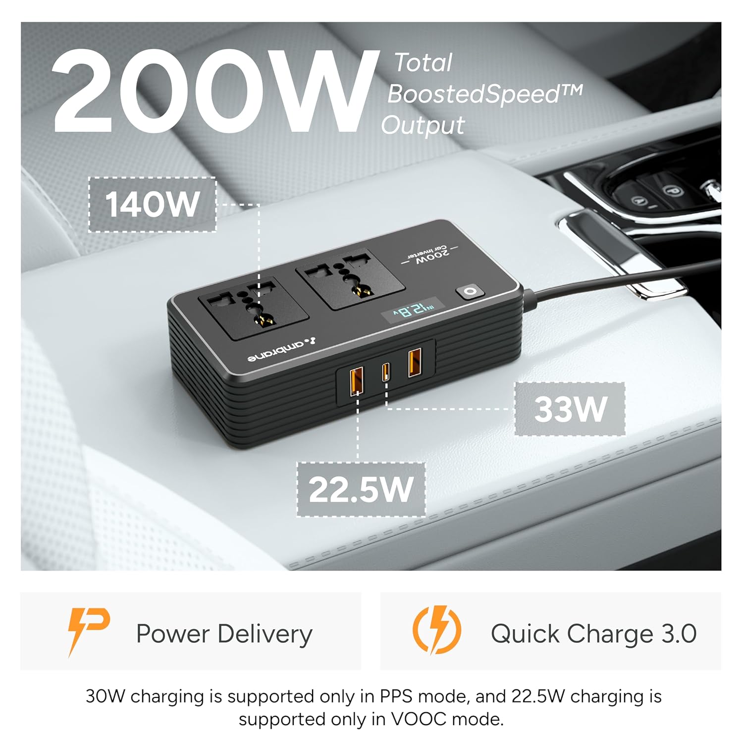 Ambrane 200W Car Power Inverter/Laptop Charger, Charge 5 Devices, 1 Type C 33W PD, 2 USB 22.5W QC, 2 AC Universal Outlets, Safe Charging Technology, For All 12V DC Socket Cars, SmartStrip Auto, Black - Image 4