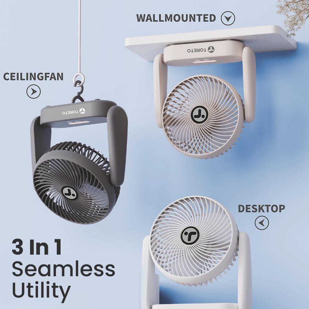 Toreto SnapCool 3-in-1 Portable Rechargeable Fan with Night Light, Type-C Charging, 3 Speed Modes, 360° Adjustable, Desktop/Wall/Ceiling Mount White - Image 3