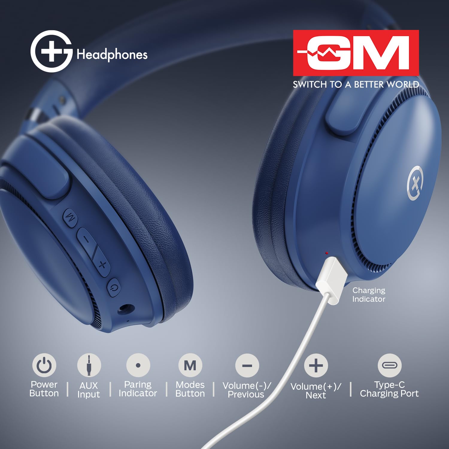 GM G+ Headphones, Over The Ear Headphones with Mic, BT 5.3, Pure Bass, 45ms Low Latency, Dual Pairing, 4 Play Modes (FM, Radio, SD Aux) 55H Blue - Image 6