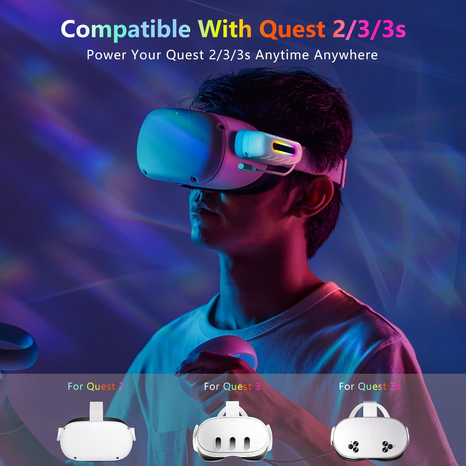 Battery Pack for Meta Quest 2/3/3s, 5000mAh Extended Power with Multi-Colors RGB Lights, Lightweight and Portable VR Extend Power Accessories for Extra 2-4H Playtime - Image 3