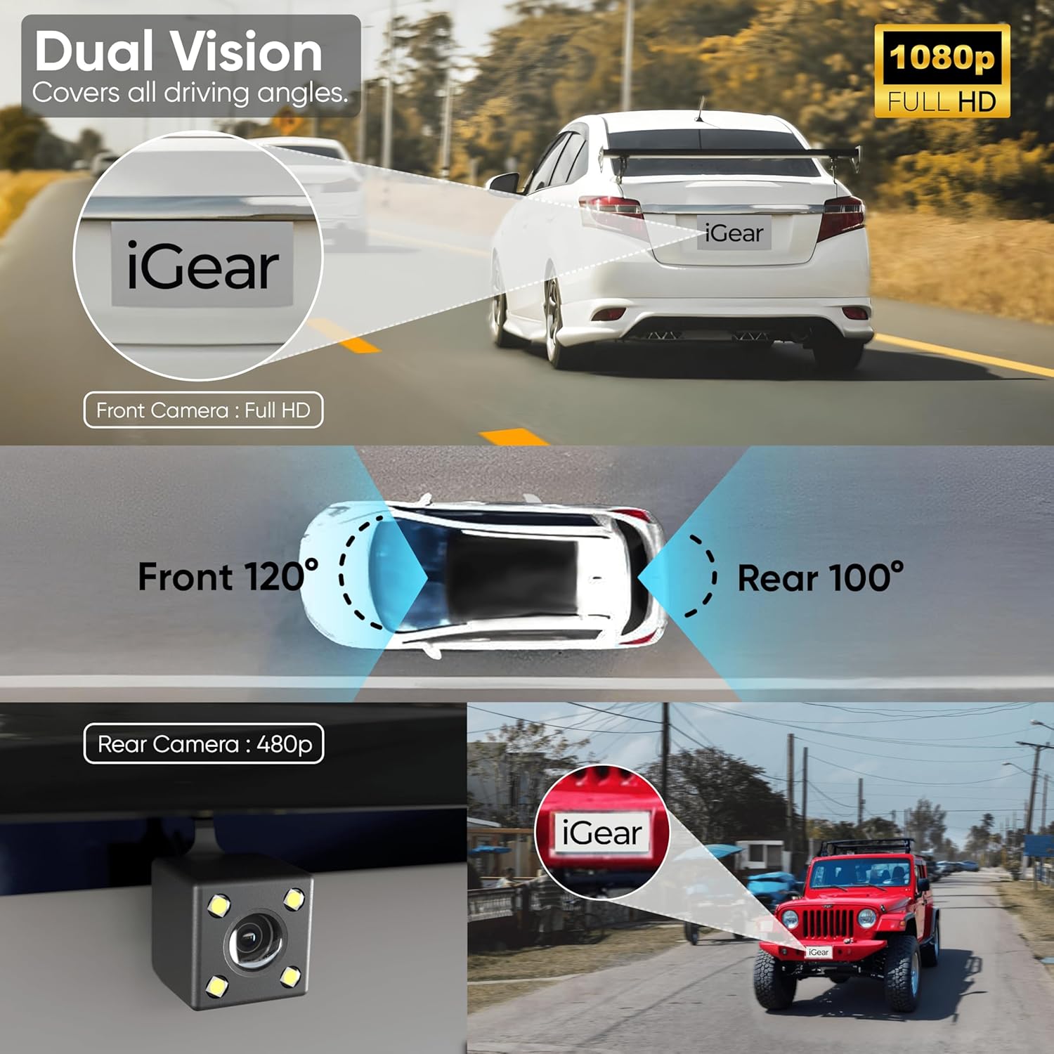 iGear VueCam Full HD 1080P Car Dash Cam, Front Rear Recording, 2.2" LCD, G-Sensor, Parking Mode, Motion Detection, Loop Recording, Wi-Fi App Control - Image 2