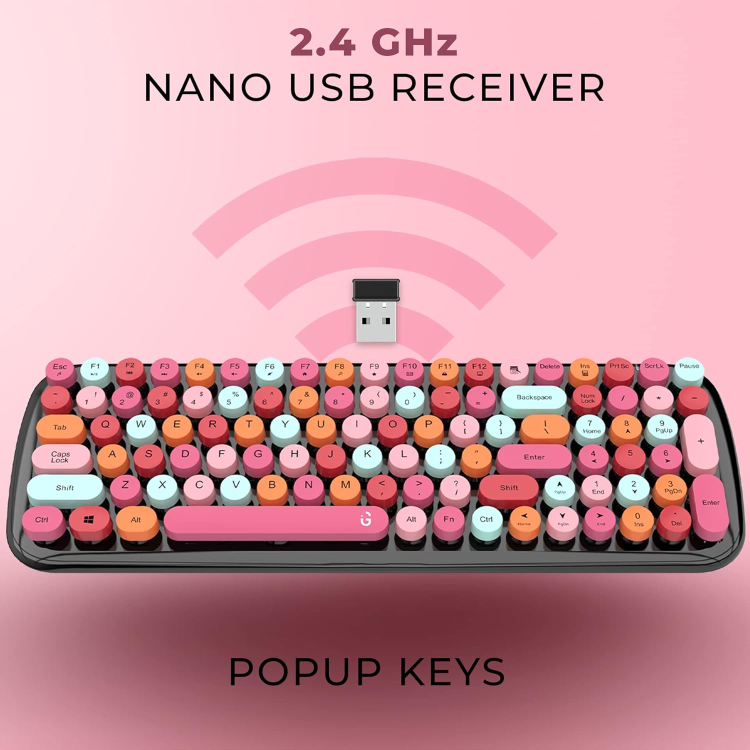 iGEAR KeyBee Retro Typewriter Inspired 2.4GHz Wireless Keyboard and Mouse Combo with USB Support, Single Nano Receiver, Round Keycaps, Black Pink - Image 2