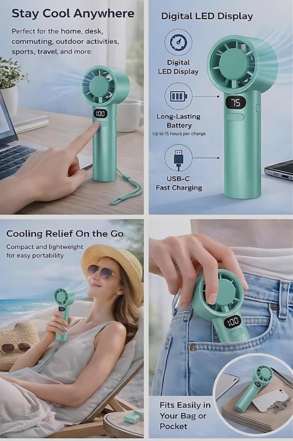 M11 Portable Handheld Fan, 120 Speed Stepless Adjustable Mini Turbo Fan, Rechargeable 1800mAh Battery, LED Digital Display, Type-C Fast Charging - Image 5