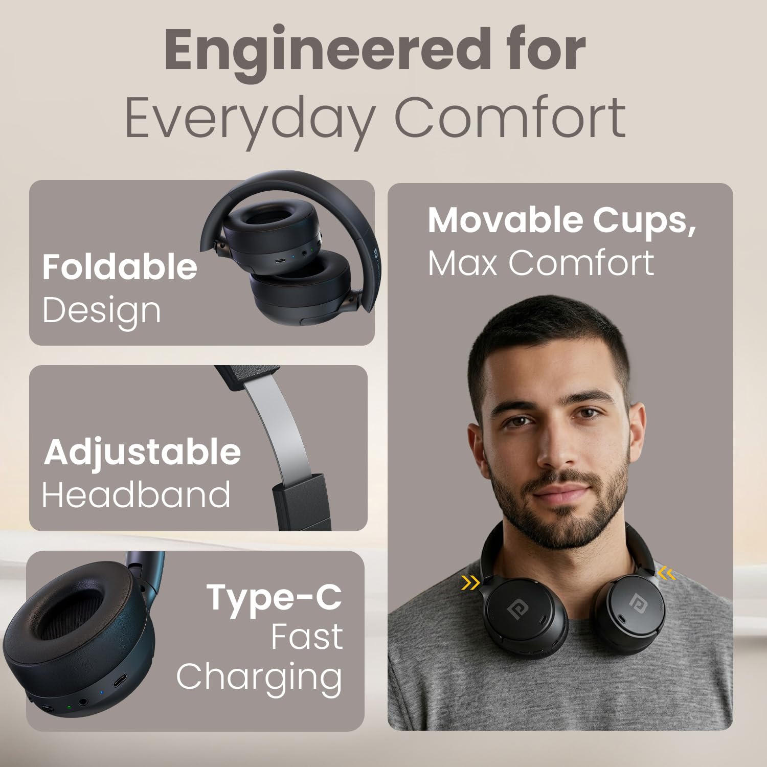 Portronics POR 3415 Muffs M8 ANC Wireless Over Ear Headphones Upto 50 Hours, Foldable, Powerful Bass, 40mm Driver, HD Mic, Low Latency,BT 5.4v, Black - Image 8