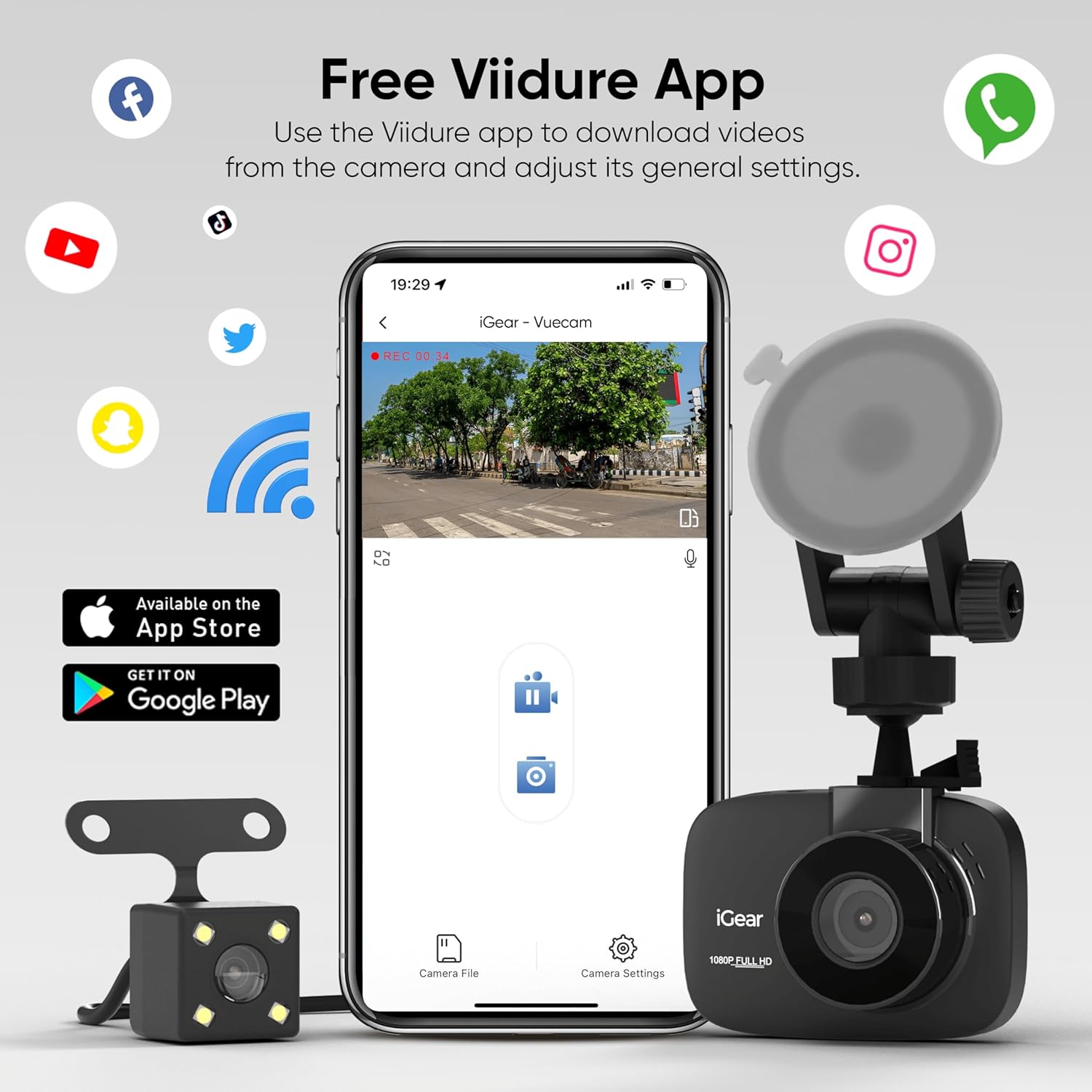 iGear VueCam Full HD 1080P Car Dash Cam, Front Rear Recording, 2.2" LCD, G-Sensor, Parking Mode, Motion Detection, Loop Recording, Wi-Fi App Control - Image 7