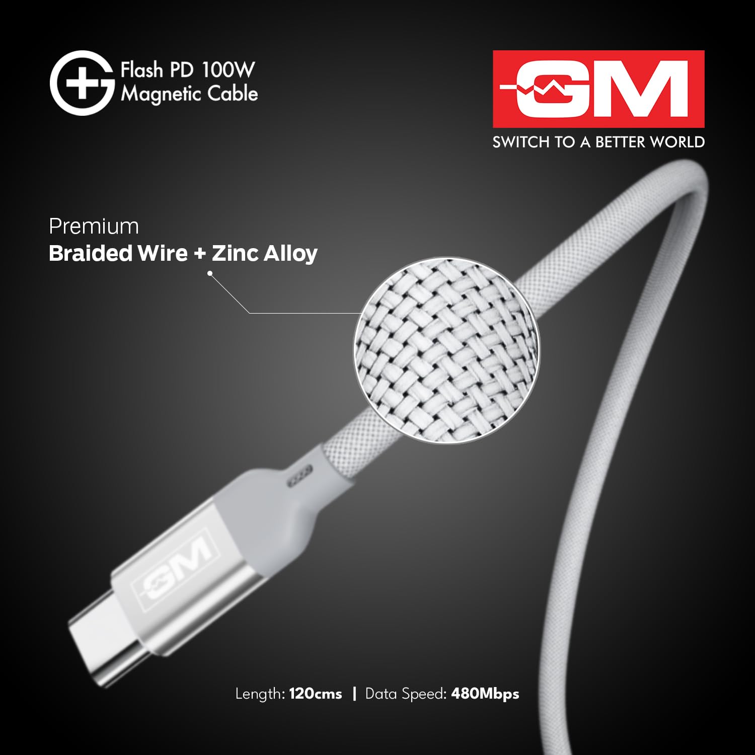 GM G+ Flash PD 100W Magnetic Type C Cable Seamless Charging White - Image 6