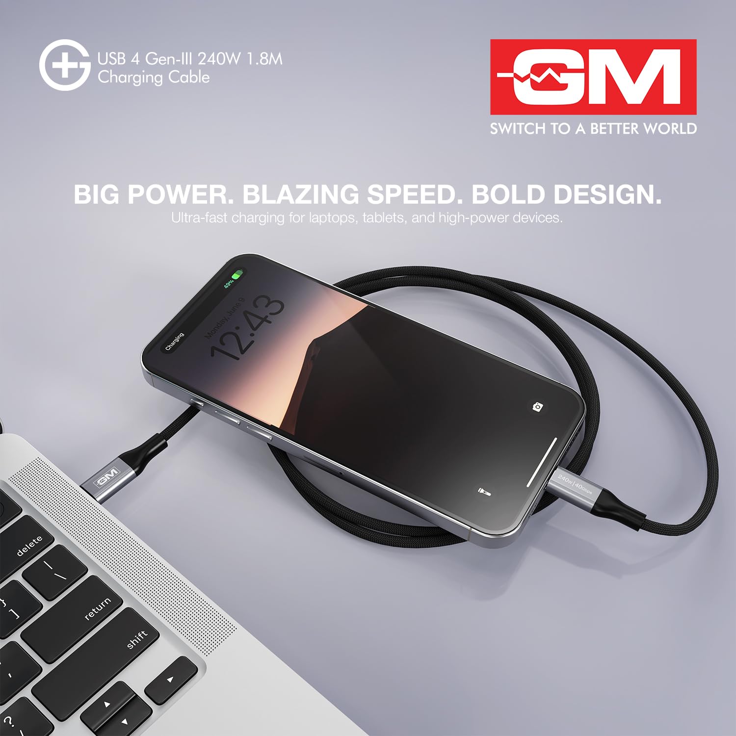 GM G+ USB 4 Gen-III 240W Type-C to Type-C Cable (1.8M) | 40Gbps Data Transfer | 8K Display Support | PD 3.1 Fast Charging | Nylon Braided,Tangle-Free,Durable Cable for Laptops,Tablets & Smartphones - Image 2