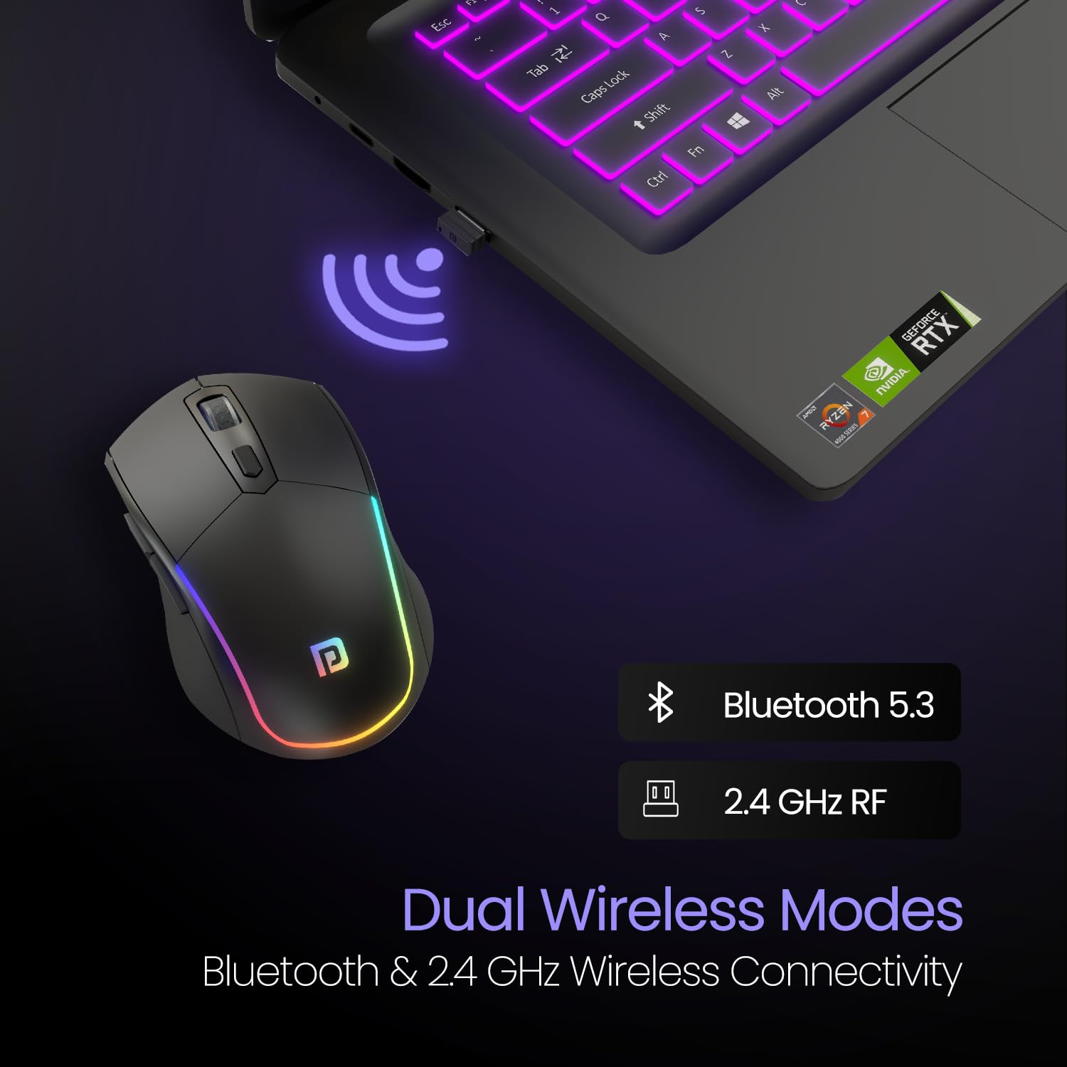 Portronics Toad One POR 1682 Bluetooth Mouse with 2.4 GHz & BT 5.3 Dual Wireless, 6 Buttons, Rechargeable, RGB Lights, Connect 3 Devices, Ergonomic Design for Laptop, Smartphone, Tablet Black - Image 2