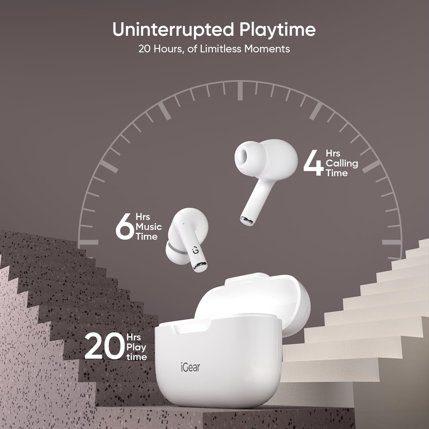 iGear Superbuds in-Ear TWS Earbuds with Bluetooth V5.4, Voice Assistance, 20H Playtime, Touch Control, Sweatproof, Clear Calls, Low Latency, White - Image 3