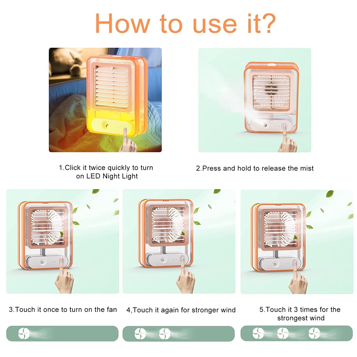 Mini USB Fan With Mist Water Spray Mini Cooler Rechargeable With LED Night Light Mini AC Personal Air Cooler Desk Fan, Office Kitchen Home multiColor - Image 4