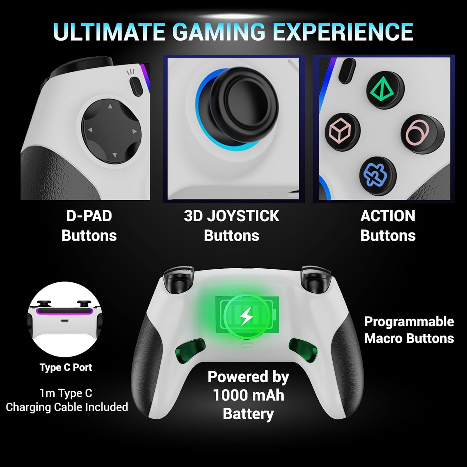 Ant Esports SUPERNOVA Tri Mode Enhanced Wireless Gamepad, Bluetooth 2.4G Dongle, Hall Joysticks, Triggers, Touchpad, RGB, No Stick Drift, No Dead Zone For Windows PC, Android, Steam, iOS, PS4 White - Image 5
