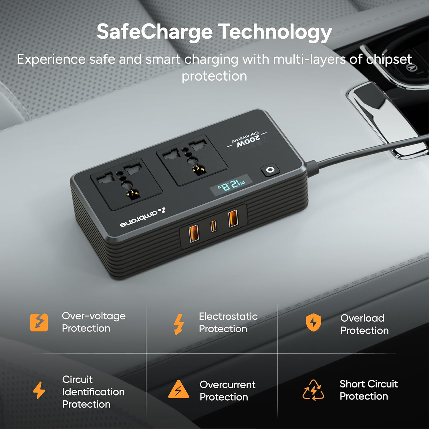 Ambrane 200W Car Power Inverter/Laptop Charger, Charge 5 Devices, 1 Type C 33W PD, 2 USB 22.5W QC, 2 AC Universal Outlets, Safe Charging Technology, For All 12V DC Socket Cars, SmartStrip Auto, Black - Image 6