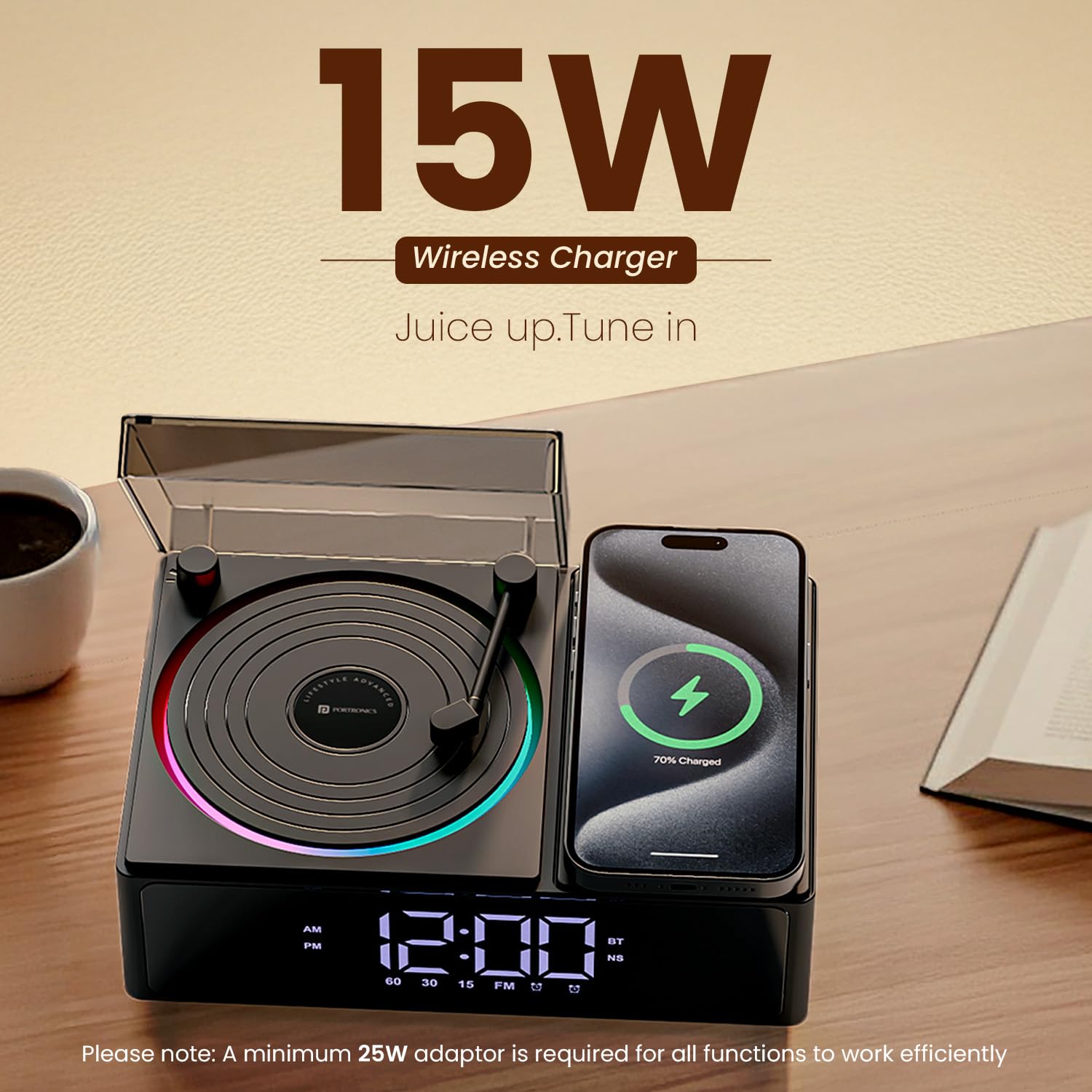 Portronics POR 3303 Soundflow 5W HD Sound Retro Design Bluetooth Speaker,15W Wireless Charging,Digital Clock with Alarm Setting,RGB LED Lights,Built-in White Noise, USB-A/SD Card/AUX in, Type C Charging Black - Image 2