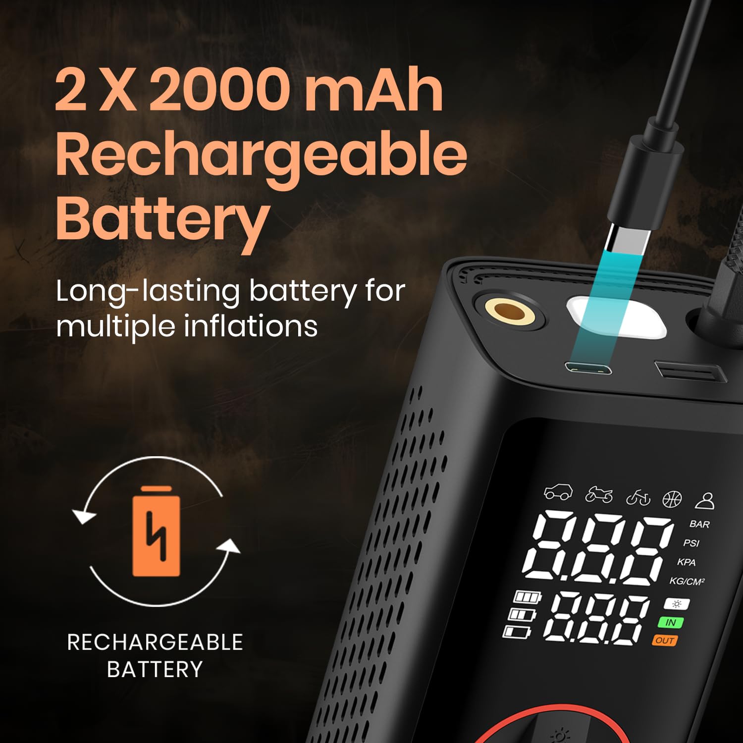 Portronics  POR 3026 Vayu 7.0 Tyre Inflator, Full-Size Digital Display, 4000 mAh Battery, 150 PSI Pressure, Preset Modes, Flashlight with SOS, Pressure Detection, for Cars, Bikes, Bicycles And Balls Black - Image 2