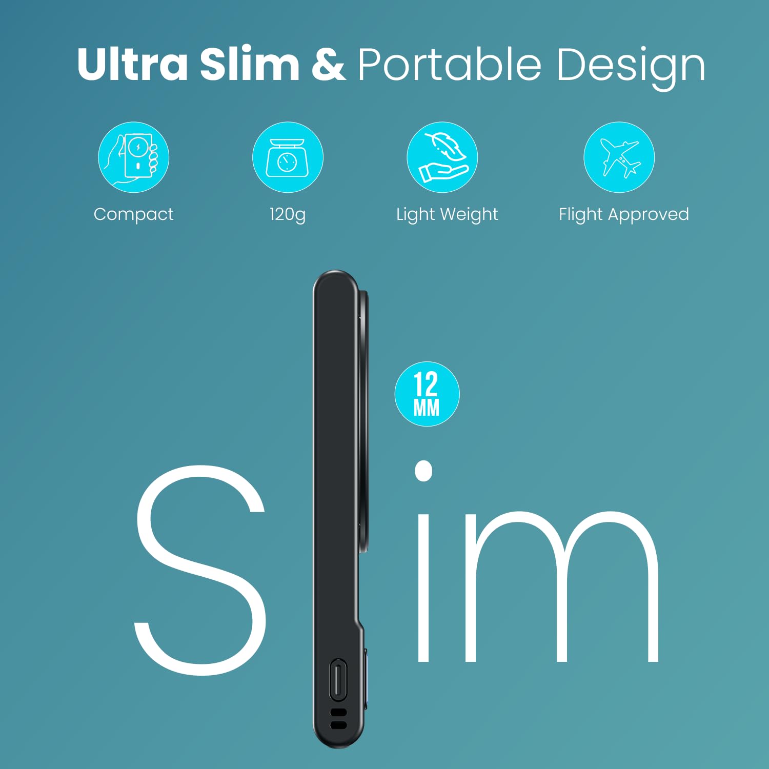 Portronics POR2806 Power Shutter Air 5k 5000mAh 15W Wireless Magnetic Fast Charging Slim Powerbank, Detachable Type C Cable, 22.5W Type C PD Output, Compatible with iPhone 12 Above,Other Qi Enabled Devices - Image 5