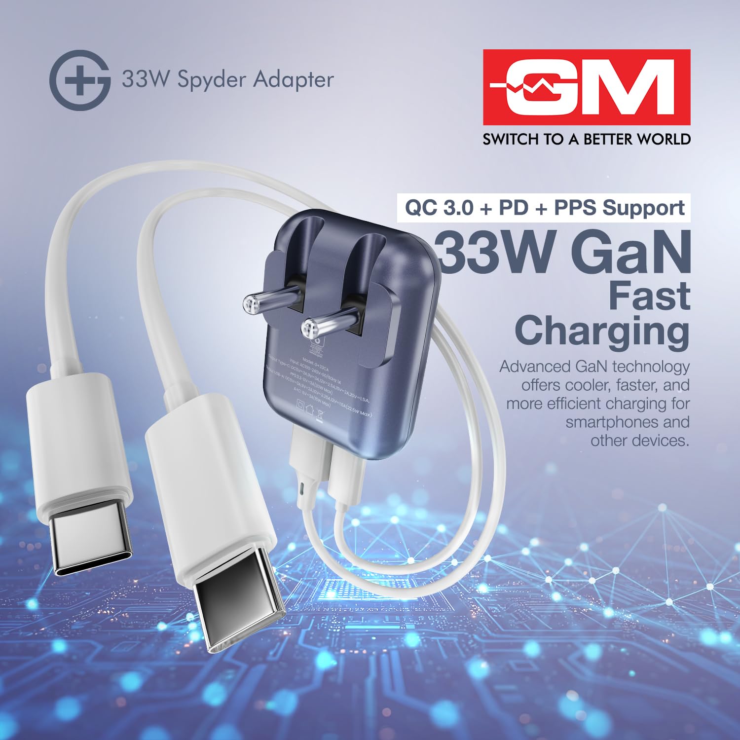 GM G+ 33W Spyder GaN Charger, Compact Dual-Port Fast Charger with Foldable Indian Pin, GaN Technology, Protection Features, Type-C PD And USB-A Output - Image 6