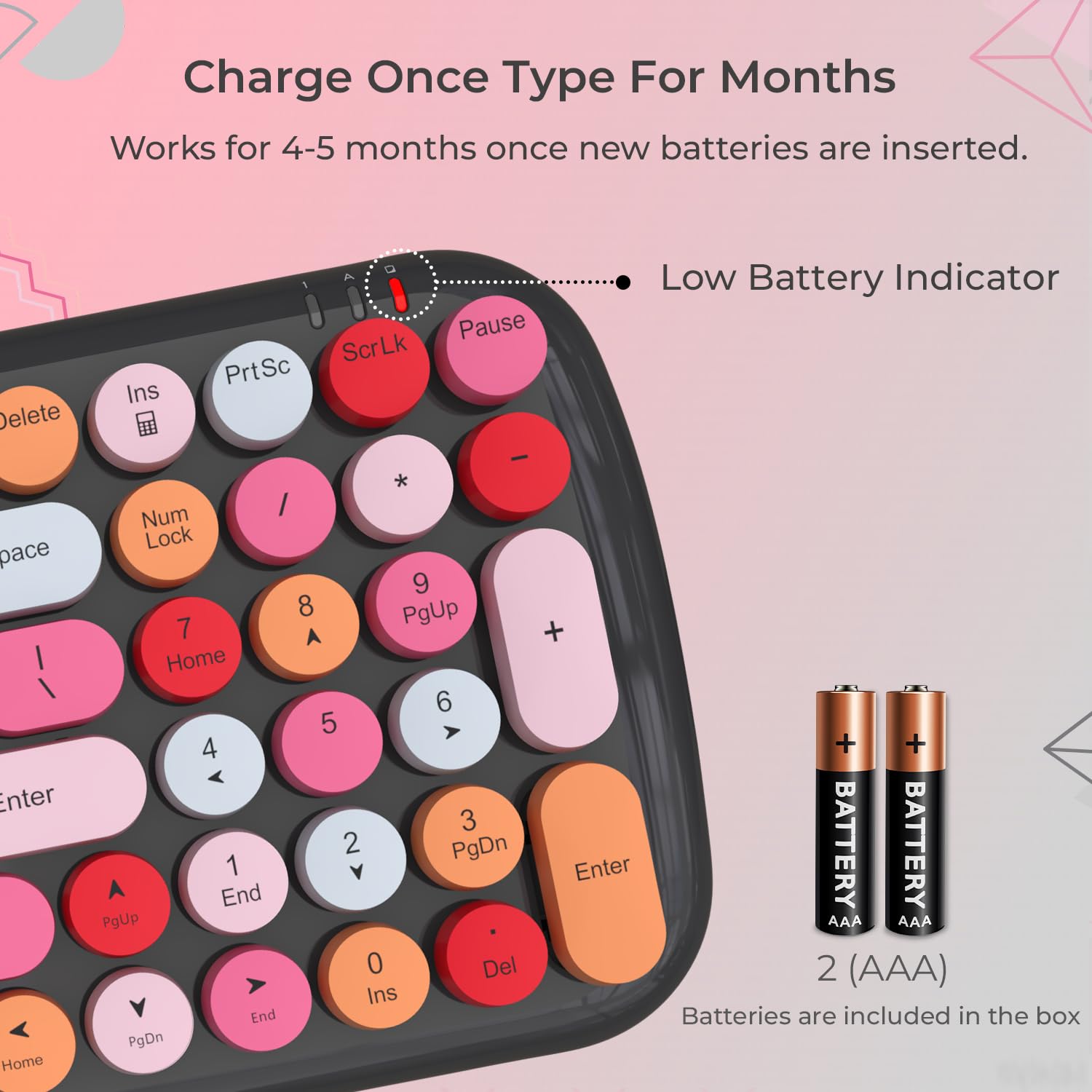 iGear KeyBee Interchangeable/Customizable Typewriter Inspired 2.4GHz Wireless Keyboard with Mouse, Single Nano Receiver, Round Keycaps, Pink and Grey - Image 5