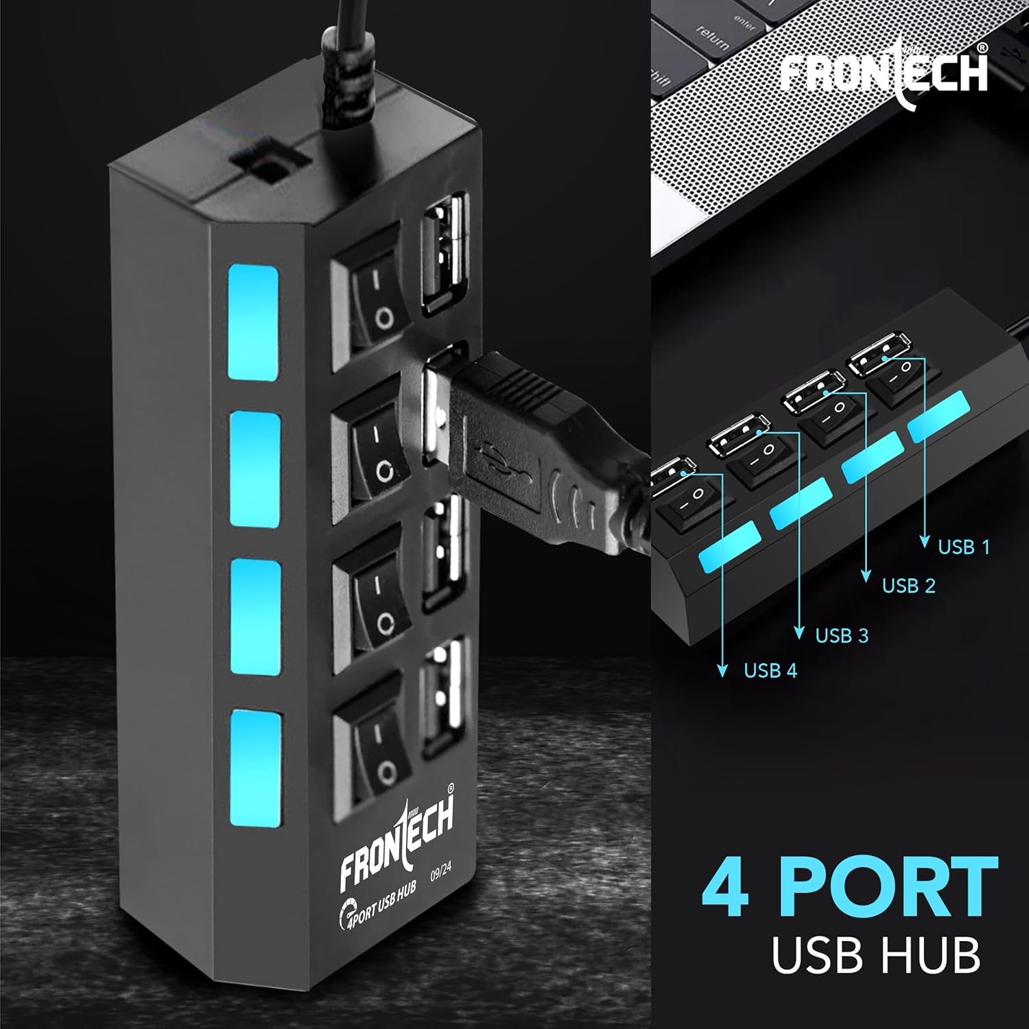 Frontech 4-Port USB Hub Individual On/Off Switches, LED Indicators, 40 cm Cable, Optional Power Input Port, Plug-and-Play Multi-Device Connectivity - Image 2