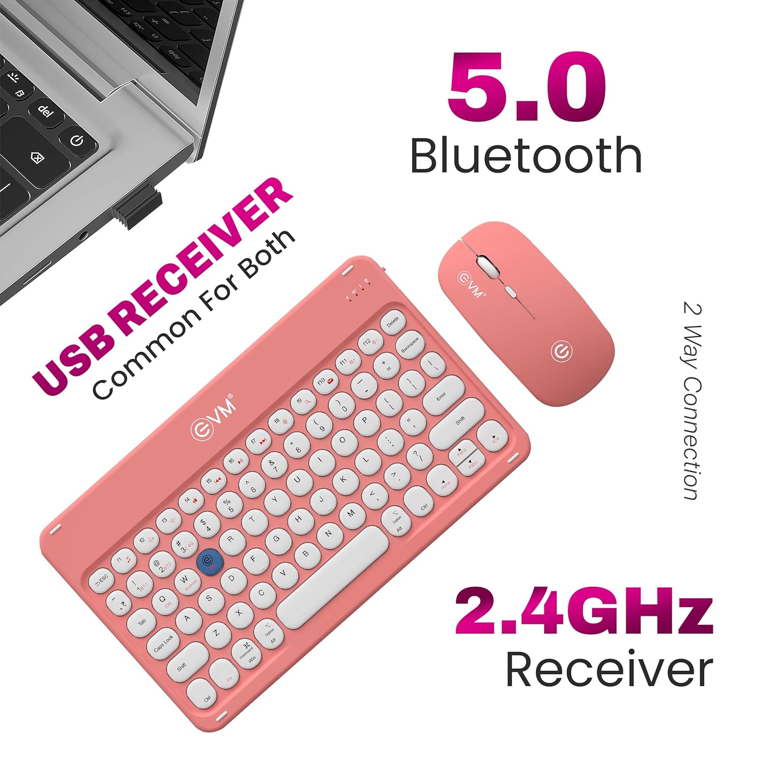 EVM EnArc Wireless Keyboard And Mouse Combo Bluetooth 5.0 + 2.4GHz, Rechargeable, Slim, Silent Keys Peach - Image 6