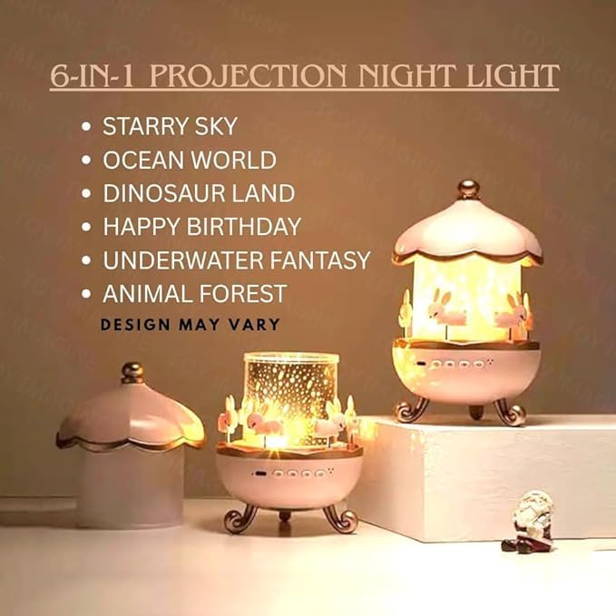 Bunny Carousel Night Light Projector, LED Lamp with 6 Rotating Films, Star Projection for Nursery & Kids Room Decor, Rotatable Rabbit Light, Pink - Image 6