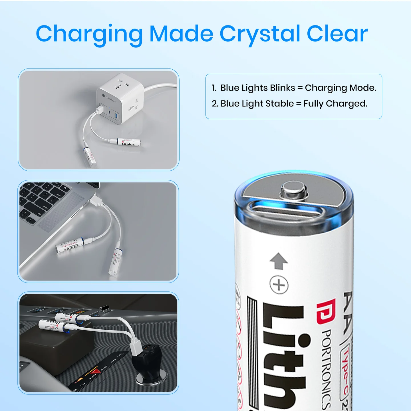 Portronics POR2509 AA Lithius Type C Rechargeable Batteries, Pack of 2, Lithium Ion Cell Composition, Upto 1480mAh Capacity, Low Self Discharge, No Separate Charger Required White - Image 8