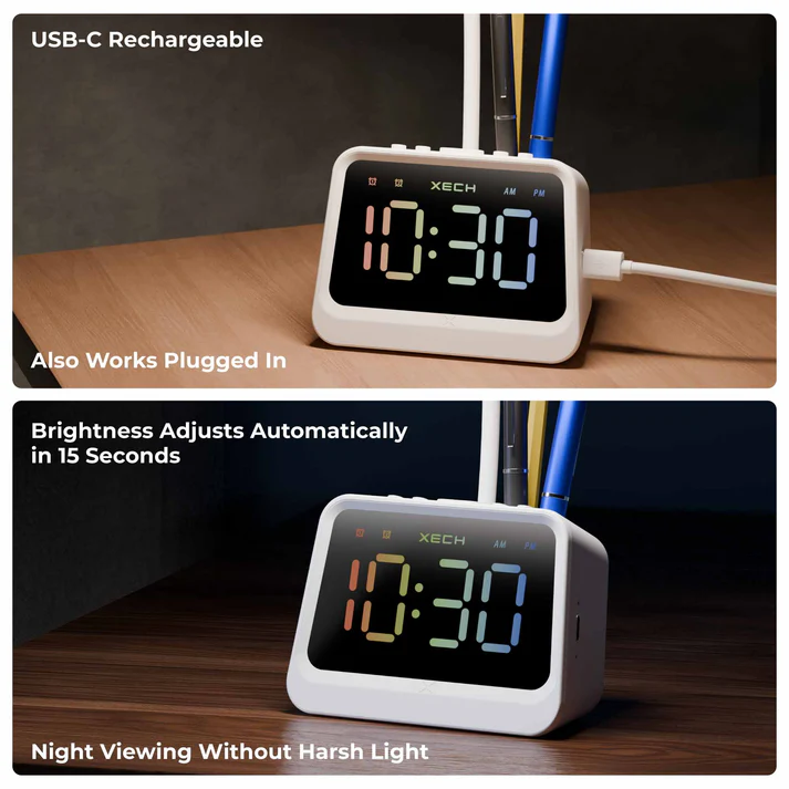 Xech Prism Alarm Clock with Lamp, Pen Stand Speaker, Rechargeable Desk Lamp for Study, Digital Clock, Mini Speaker, Gift for Office, Home & Kids White - Image 6