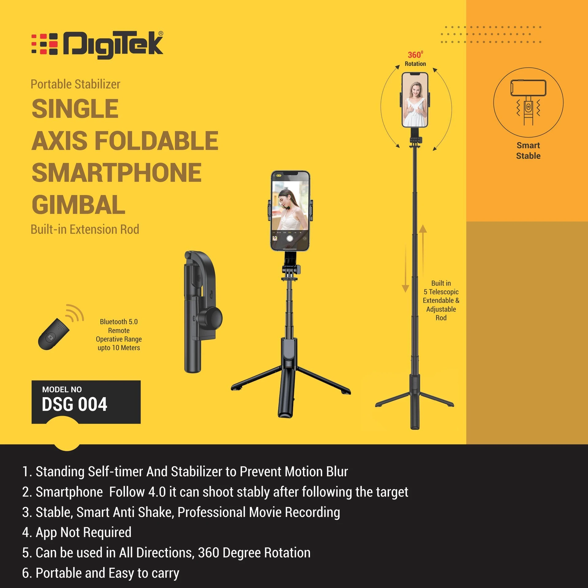 Digitek DSG 004 Single Axis Auto Balanced Foldable Tripod Smartphone Gimbal And Selfie Stick with Bluetooth Remote - Image 3