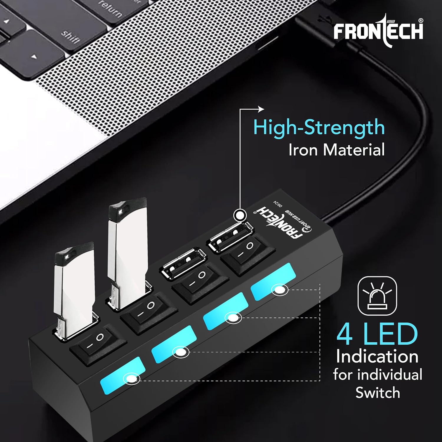 Frontech 4-Port USB Hub Individual On/Off Switches, LED Indicators, 40 cm Cable, Optional Power Input Port, Plug-and-Play Multi-Device Connectivity - Image 3
