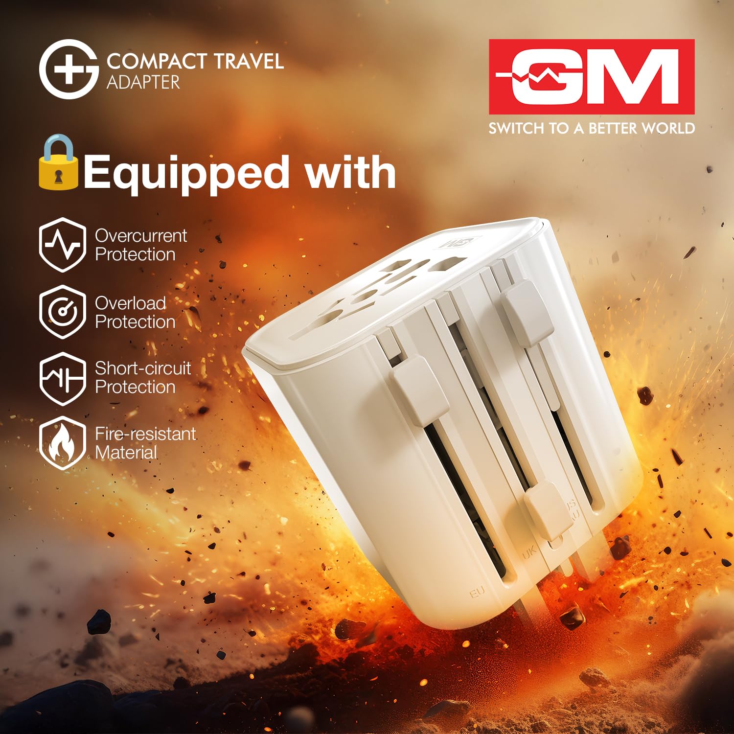 GM G+ Compact Travel Adapter, Universal All-in-One Worldwide Plug (US/UK/EU/AU), Safety Protection, Foldable, Fire-Resistant, 150+ Countries White - Image 7