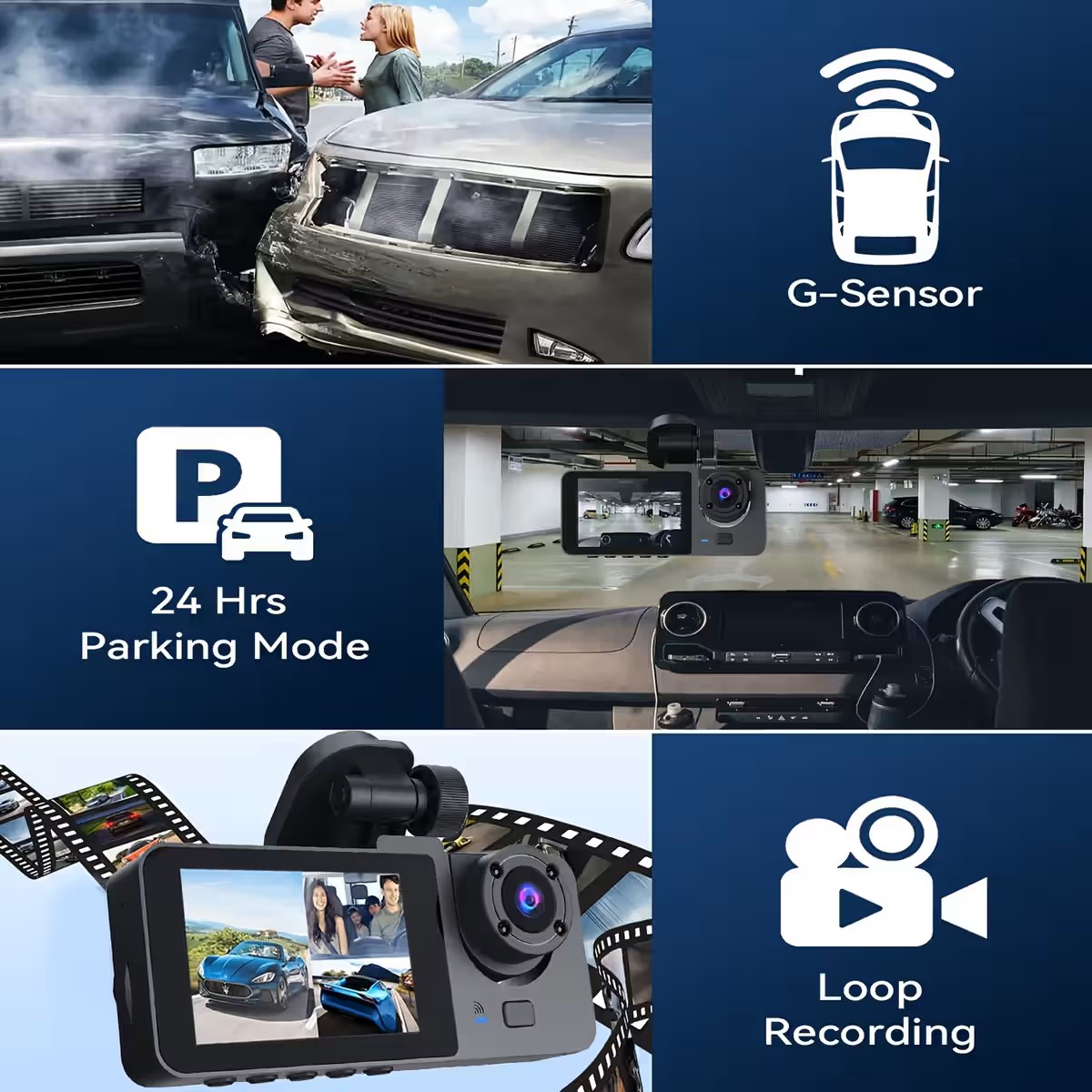 3 Channel Dash Cam Front and Rear Inside, 4K Full UHD Dash Camera for Cars,WDR,G-Sensor,2.0''IPS HD Screen, Loop Recording,24H Parking Monitor - Image 4
