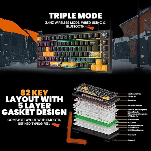 Cosmic Byte Phantom TKL Tri- Mode 2.4GHz + Bluetooth + Wired 5-PIN Hot Swap Mechanical Keyboard Black - Image 5