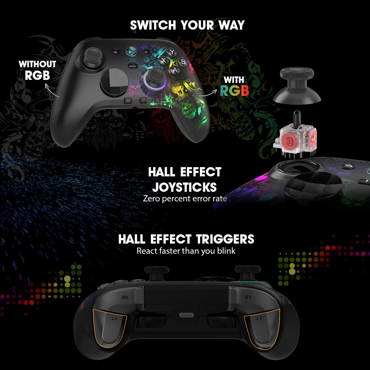 Cosmic Byte Lumora Tri-Mode Controller Stealth Black RGB-Reveal Design, Hall Effect Joysticks &amp; Triggers, Mechanical Buttons, 1000Hz Polling Rate - Image 3