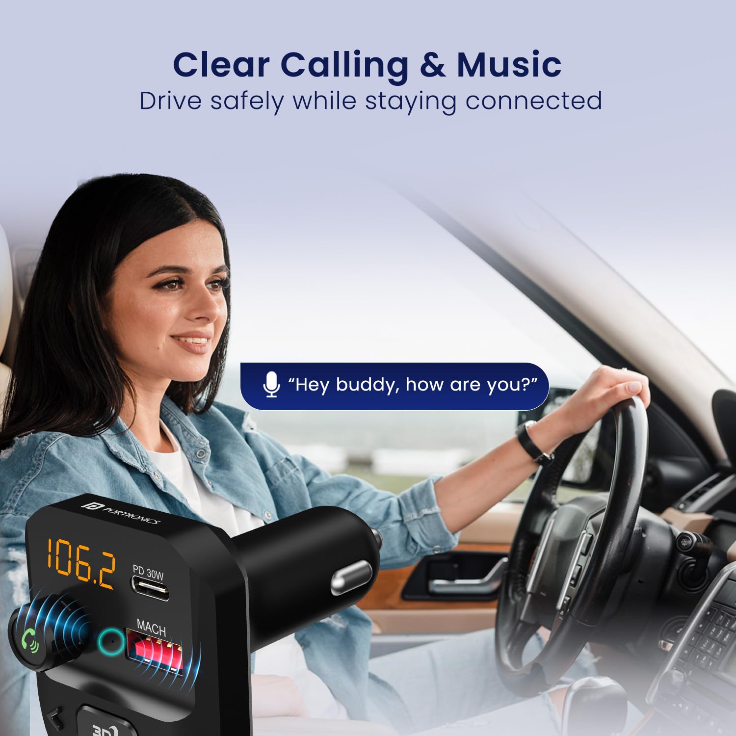 Portronics POR 2434 Auto 10 Plus Car Bluetooth Receiver with Hands-Free Calling & Music, 3D Surround Sound, 30W Type-C PD, 18W USB Fast Charging Black - Image 2