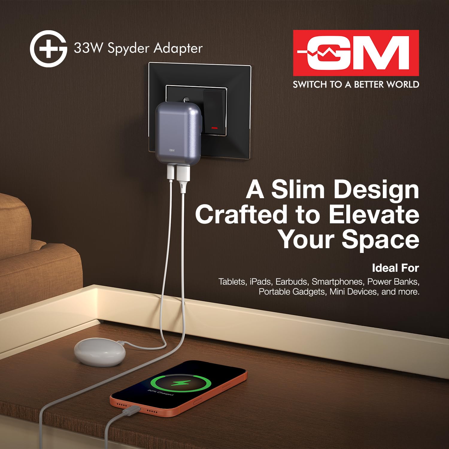 GM G+ 33W Spyder GaN Charger, Compact Dual-Port Fast Charger with Foldable Indian Pin, GaN Technology, Protection Features, Type-C PD And USB-A Output - Image 4