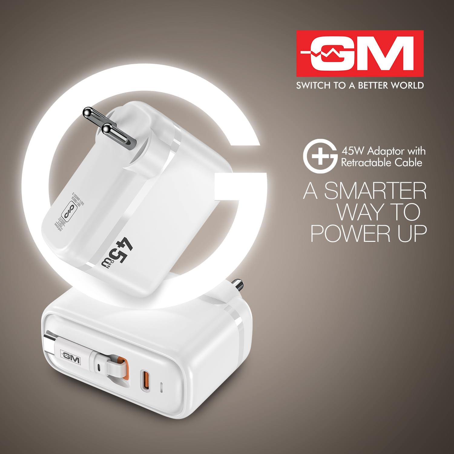GM G+ 45W Type C All in One Travel Adapter with 70 CM Retractable Cable, GaN Technology Super Fast Charger for Mobile And Laptop White - Image 6