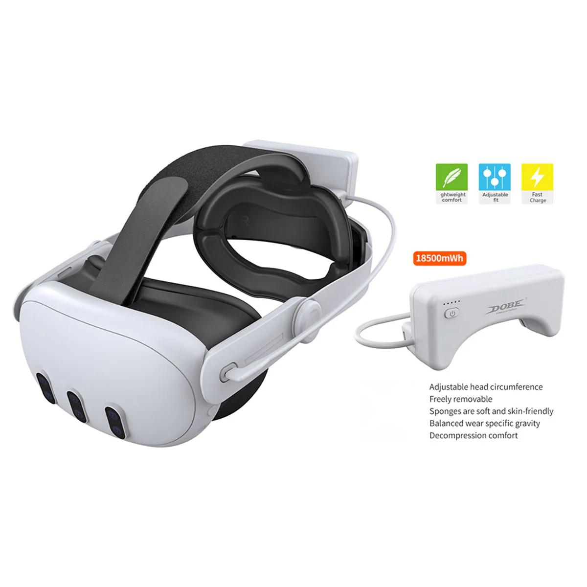Dobe Adjustable Head Strap And Rechargeable Battery 18500mWh for Meta Quest 3 / Meta Quest 3S TY-3878 - Image 1