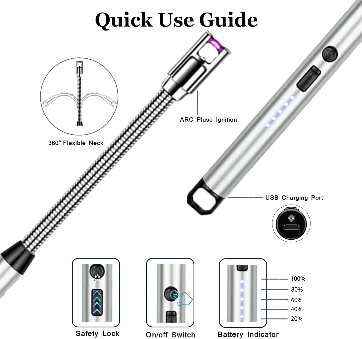 Gas Lighter for Kitchen, Stove, Candle, BBQ, Rechargeable with USB Charging Port, Electric Lighter, 360° Flexible Neck Arc, Windproof, Multicolor - Image 4