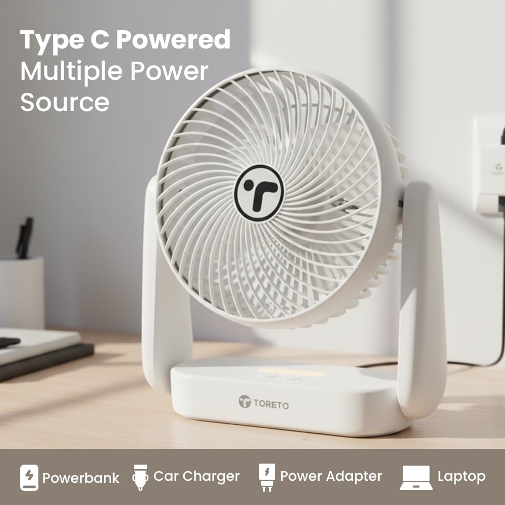 Toreto SnapCool 3-in-1 Portable Rechargeable Fan with Night Light, Type-C Charging, 3 Speed Modes, 360° Adjustable, Desktop/Wall/Ceiling Mount White - Image 7