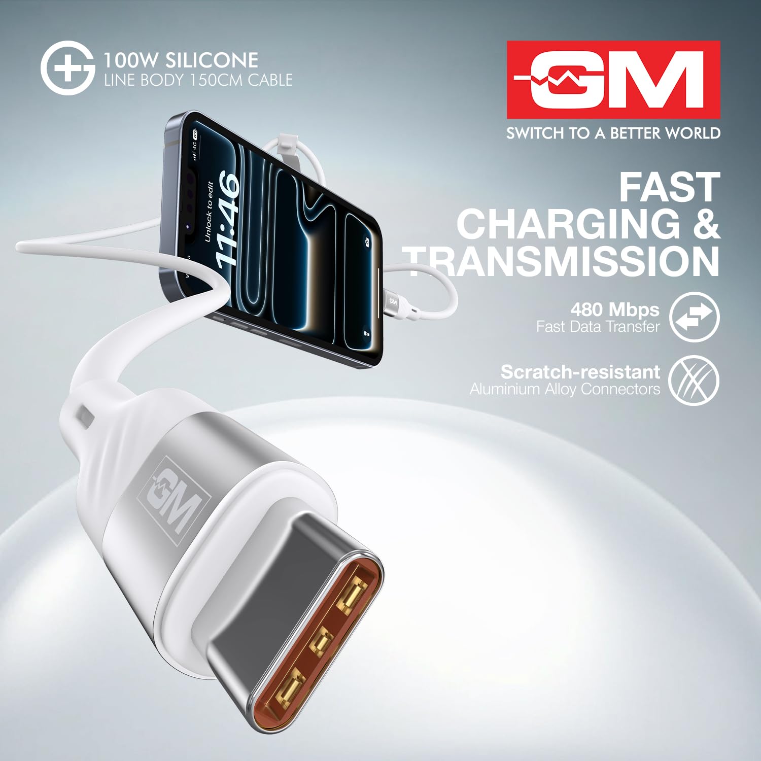 GM G+ 100W Silicon Line Body 150cm Cable , Flexible Silicone Line Body, PD 3.1 Type-C Cable, 480Mbps Data Transfer, Durable Aluminium Connectors White - Image 8