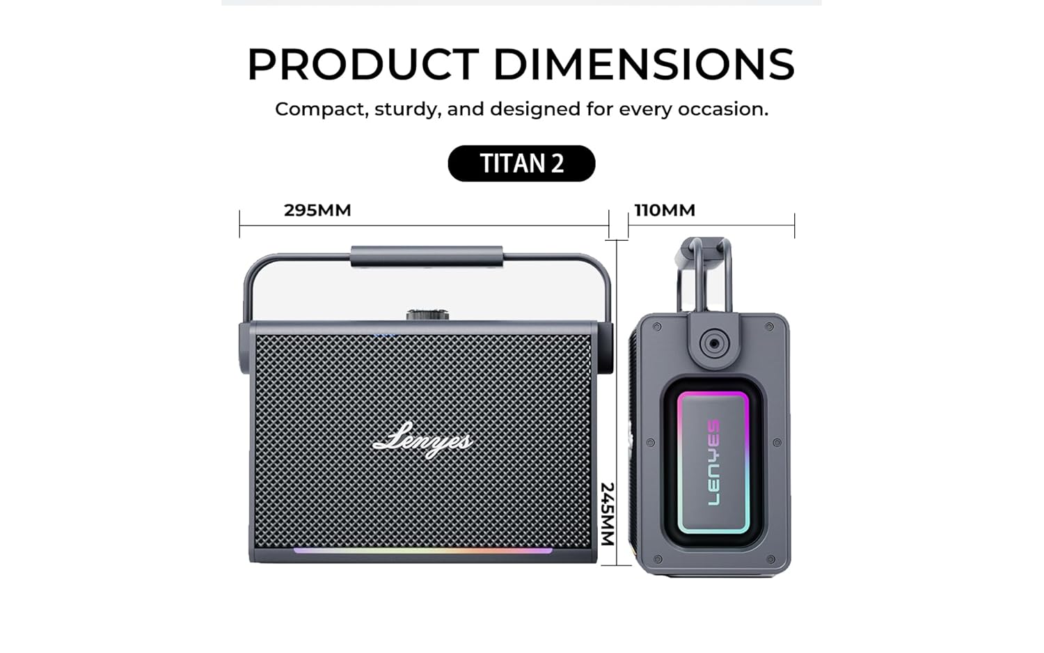 Lenyes Titan 2 Bluetooth Party Speaker, 200W Peak, 2 Wireless UHF Mics, RGB Lights, TWS Stereo, IPX6 Waterproof, 20000mAh Battery, AUX/USB/TF/OTG - Image 7