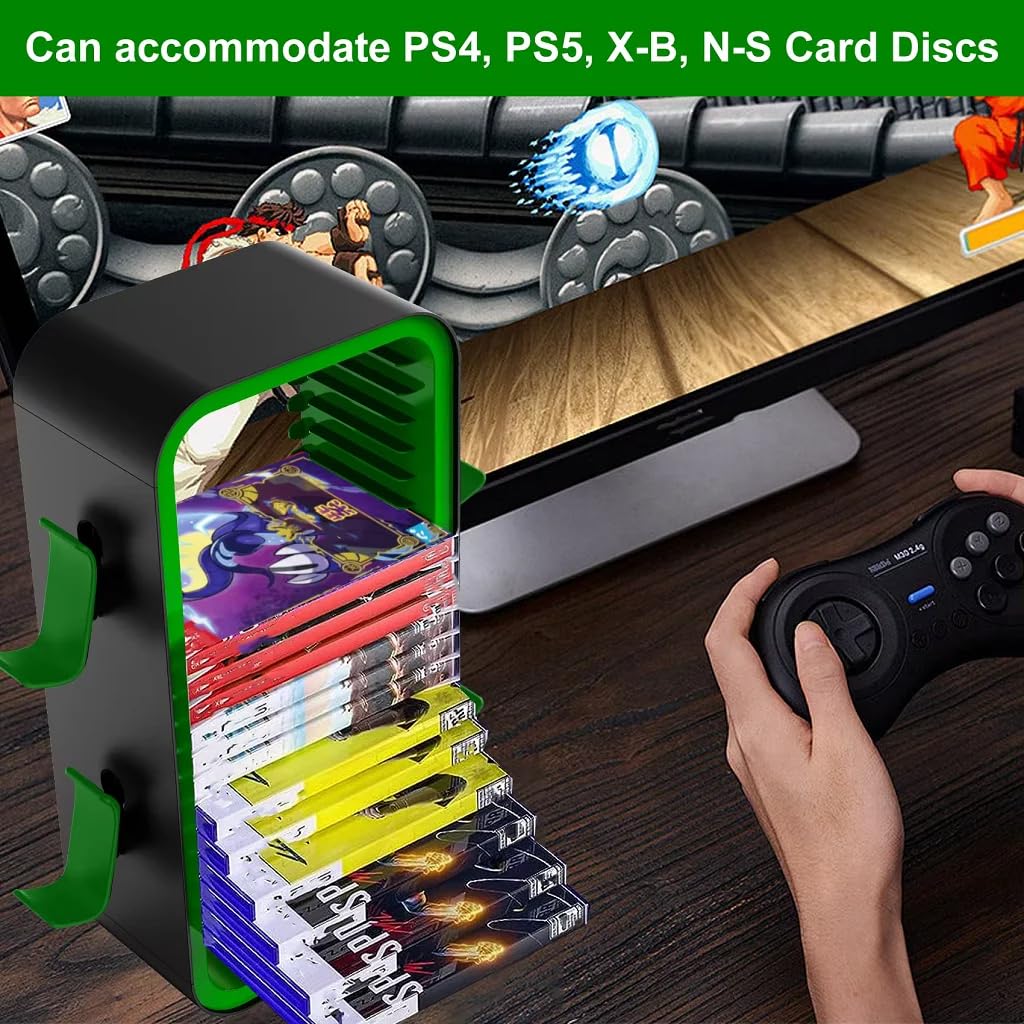 Game Disc Storage CD Rack Tower for PS5/Xbox Series, Holds 18 Game Discs, 4 Controller Green - Image 4