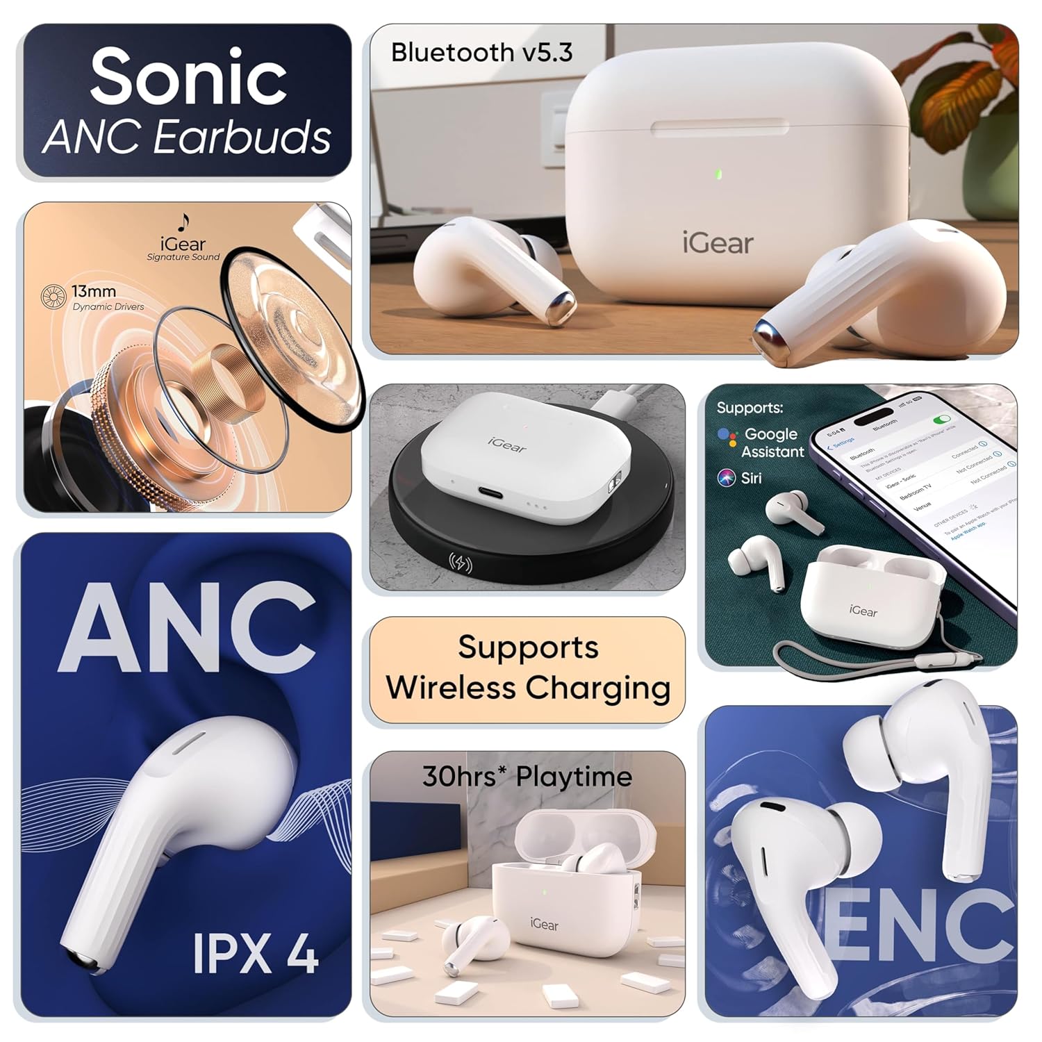 iGear Sonic True Wireless Earbuds with 32dB ANC, ENC, 13mm Dynamic Drivers, Upto 30Hrs Playtime, IPX4, Wireless Charging & Type-C Fast Charging White - Image 2