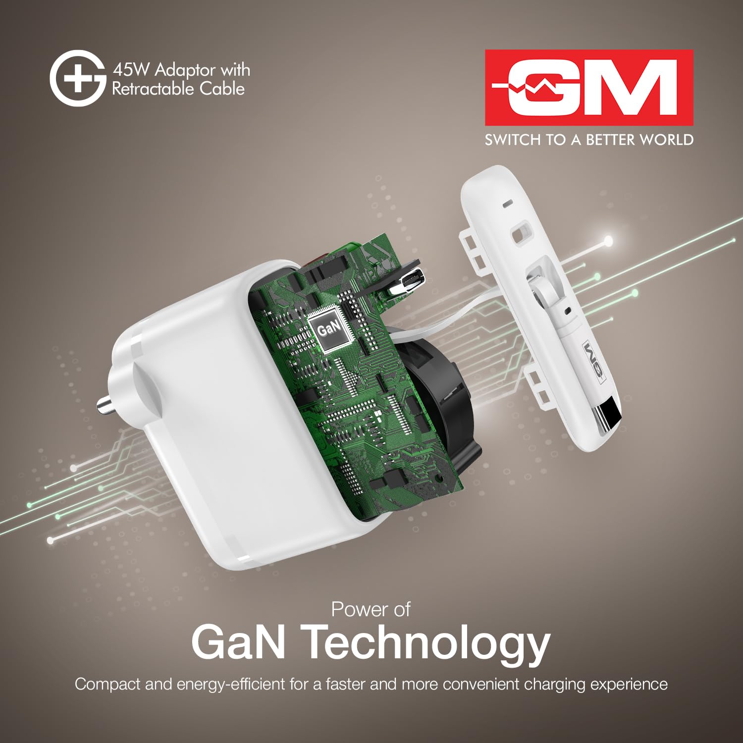 GM G+ 45W Type C All in One Travel Adapter with 70 CM Retractable Cable, GaN Technology Super Fast Charger for Mobile And Laptop White - Image 4