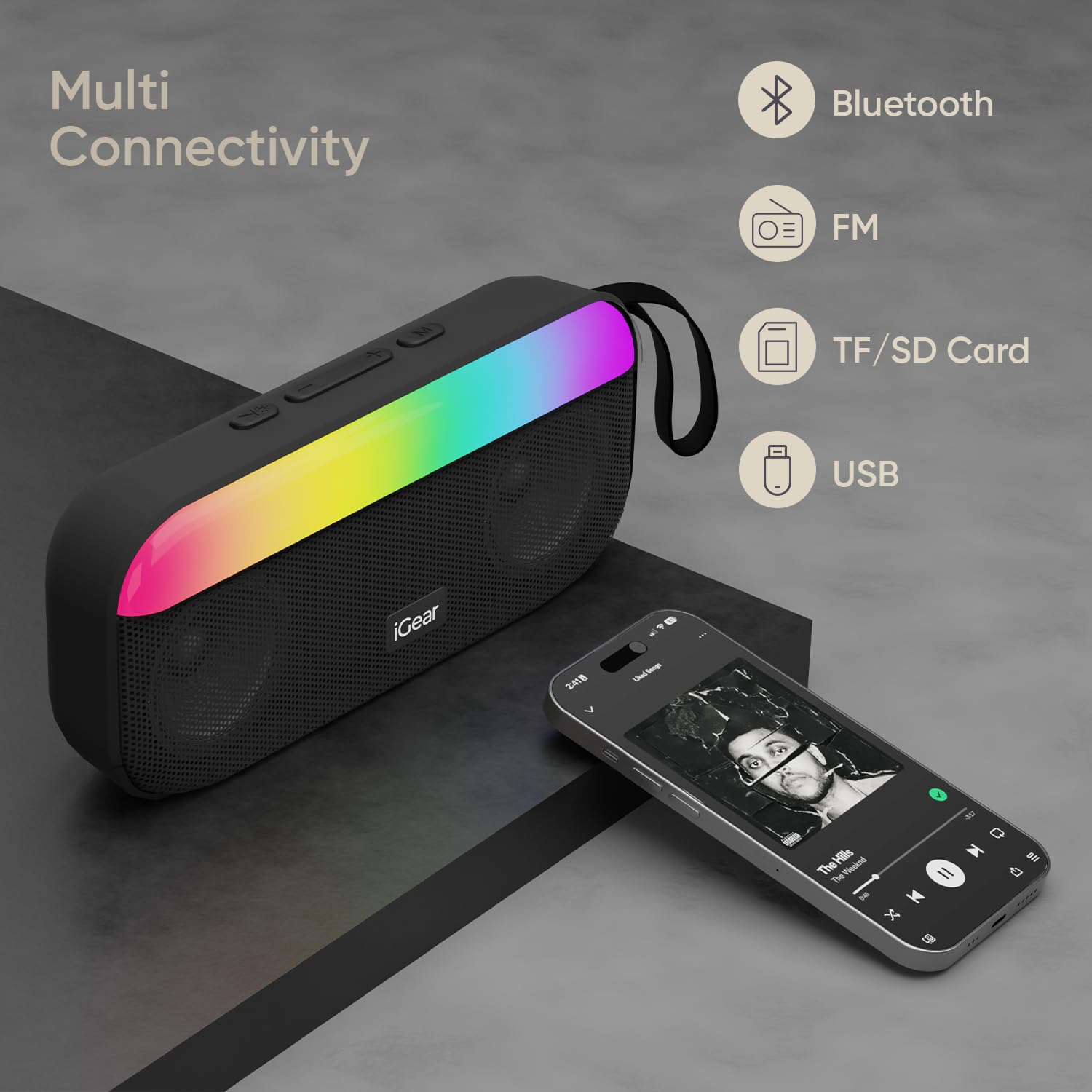 iGear Pulse 10W Mega Bass Speaker with RGB Lights, 3-Hour Playtime, TWS Function, Travel Loop , Multi-Connectivity Black - Image 6