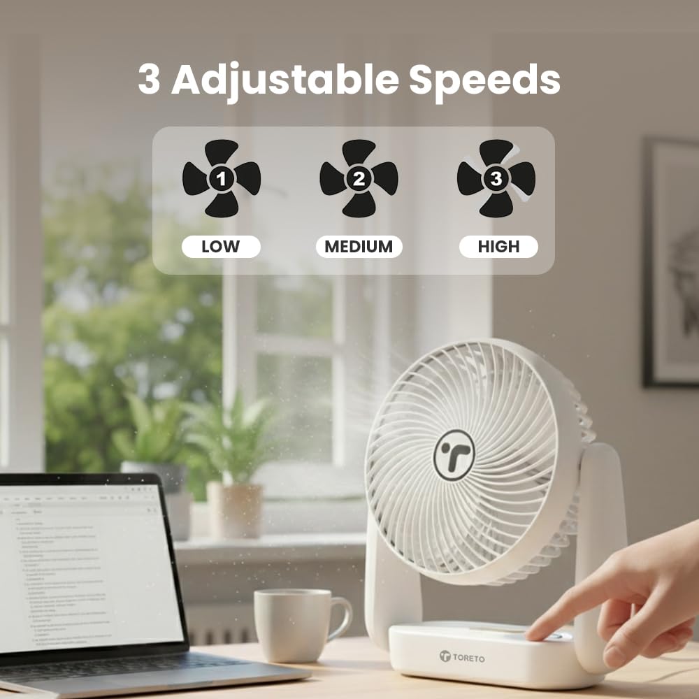 Toreto SnapCool 3-in-1 Portable Rechargeable Fan with Night Light, Type-C Charging, 3 Speed Modes, 360° Adjustable, Desktop/Wall/Ceiling Mount White - Image 6