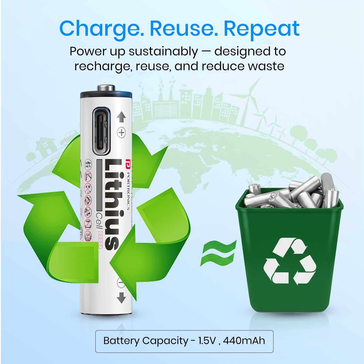 Portronics POR2510  AAA Lithius Type C Rechargeable Batteries, Pack of 2, Lithium Ion Cell Composition, Upto 440mAh Capacity, Low Self Discharge, No Separate Charger Required White - Image 4